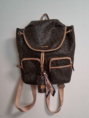 Calvin Klein Brown Monogram Backpack with Tan Trim